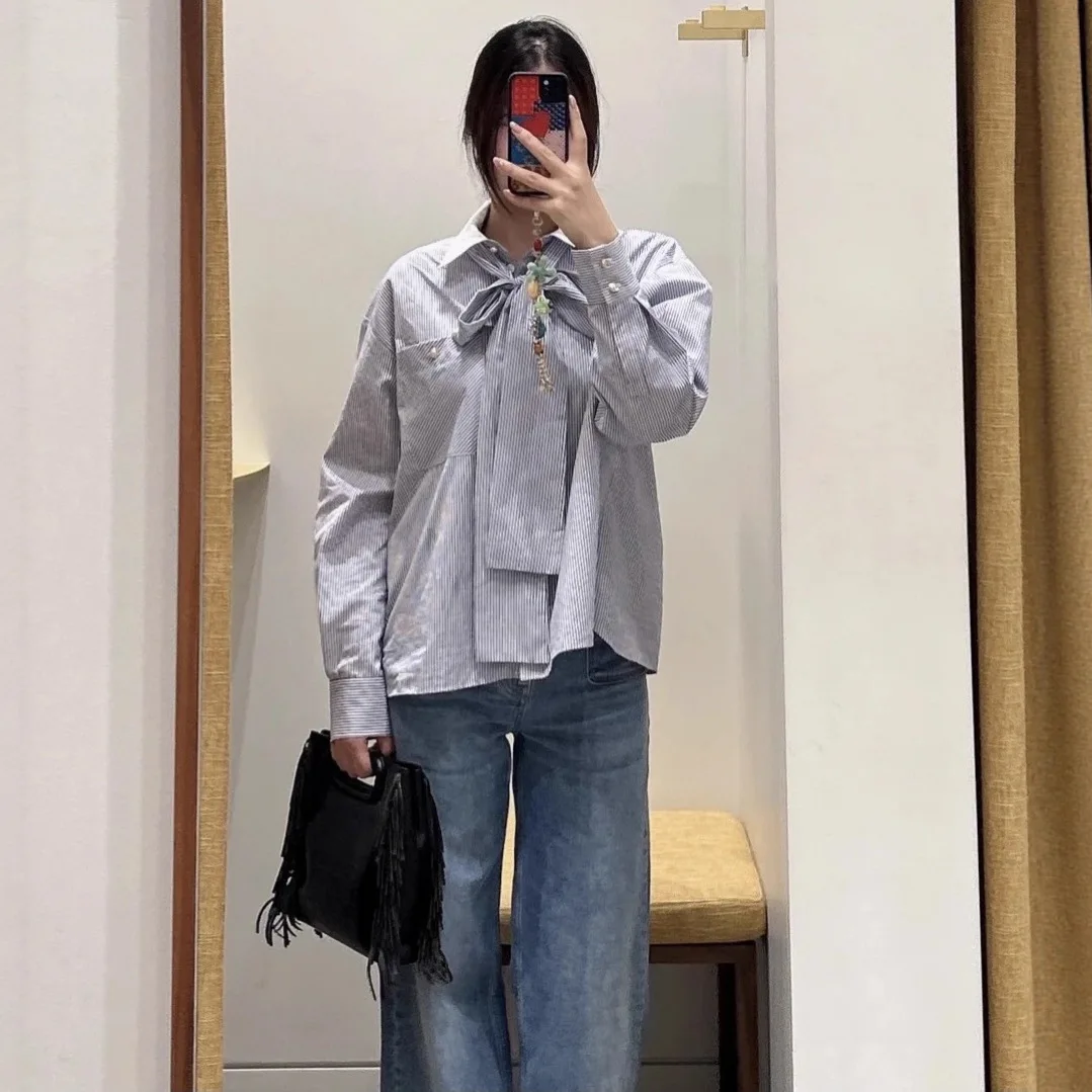 

Spring 2026 Blouse Female Stripes Fashion Loose Bow Tie Tied Splices Lapel Single Row Multiple Buttons Shirt Top