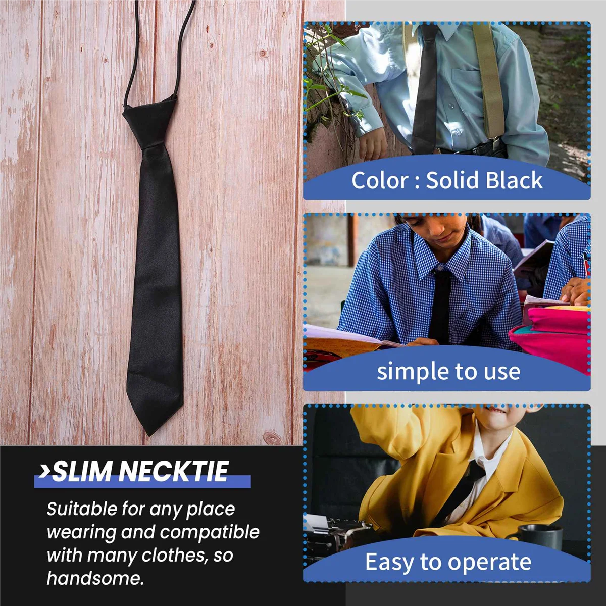 Cravatta sottile elastica in poliestere nero solido per bambino