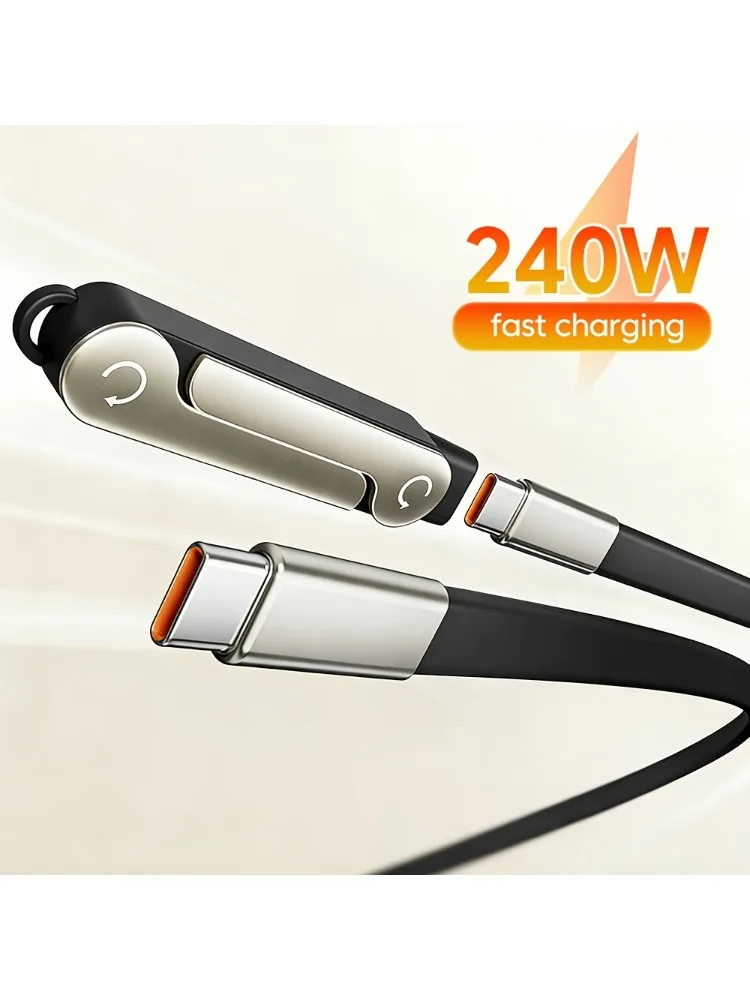 240W 2-in-1 Schwarz/Orange Schnellladekabel mit Faltbarer Halterung, Typ-C zu Typ-C Datenkabel mit Telefon- und Tablet-Ständer
