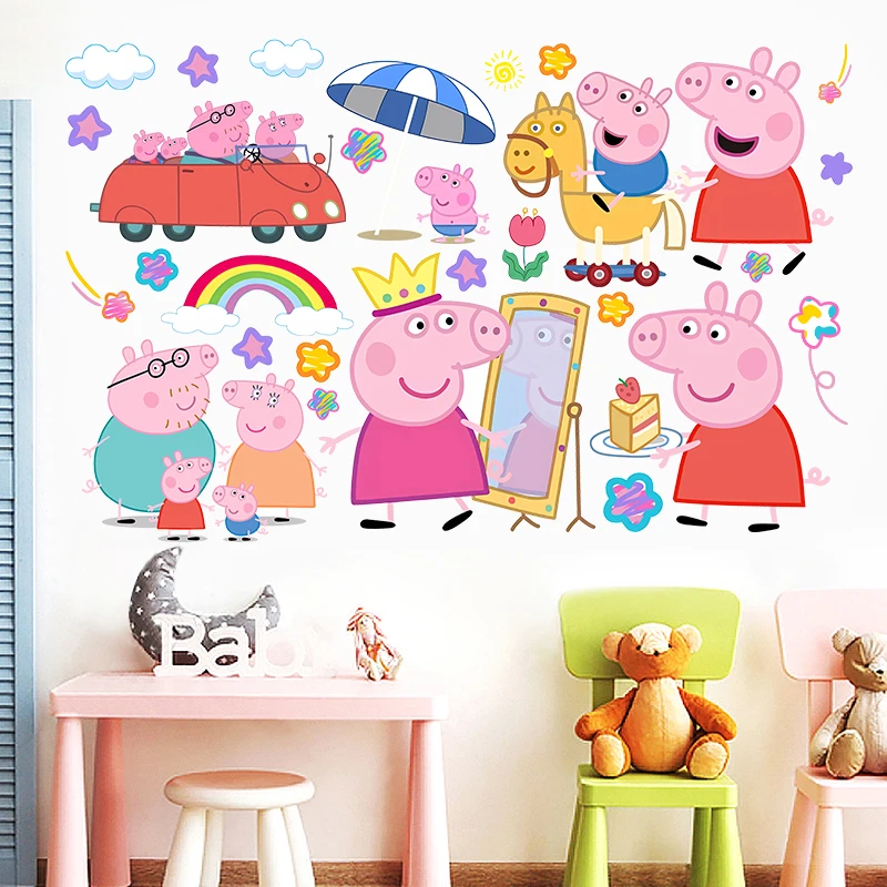 Cartoon Peppa Pig Wall Stickers For Kids Room Living Room Bedroom Kindergarten Wall Decoration Anime Poster Stickers