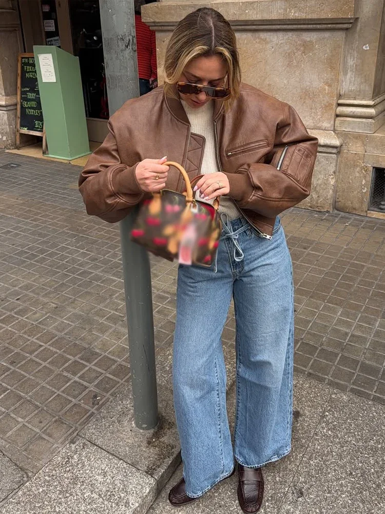 Chic Solid Cropped Leather Jacket Women Fashion Stand Collar Long Sleeve Zipper Loose Coat Spring Lady High Street Clothes 2026