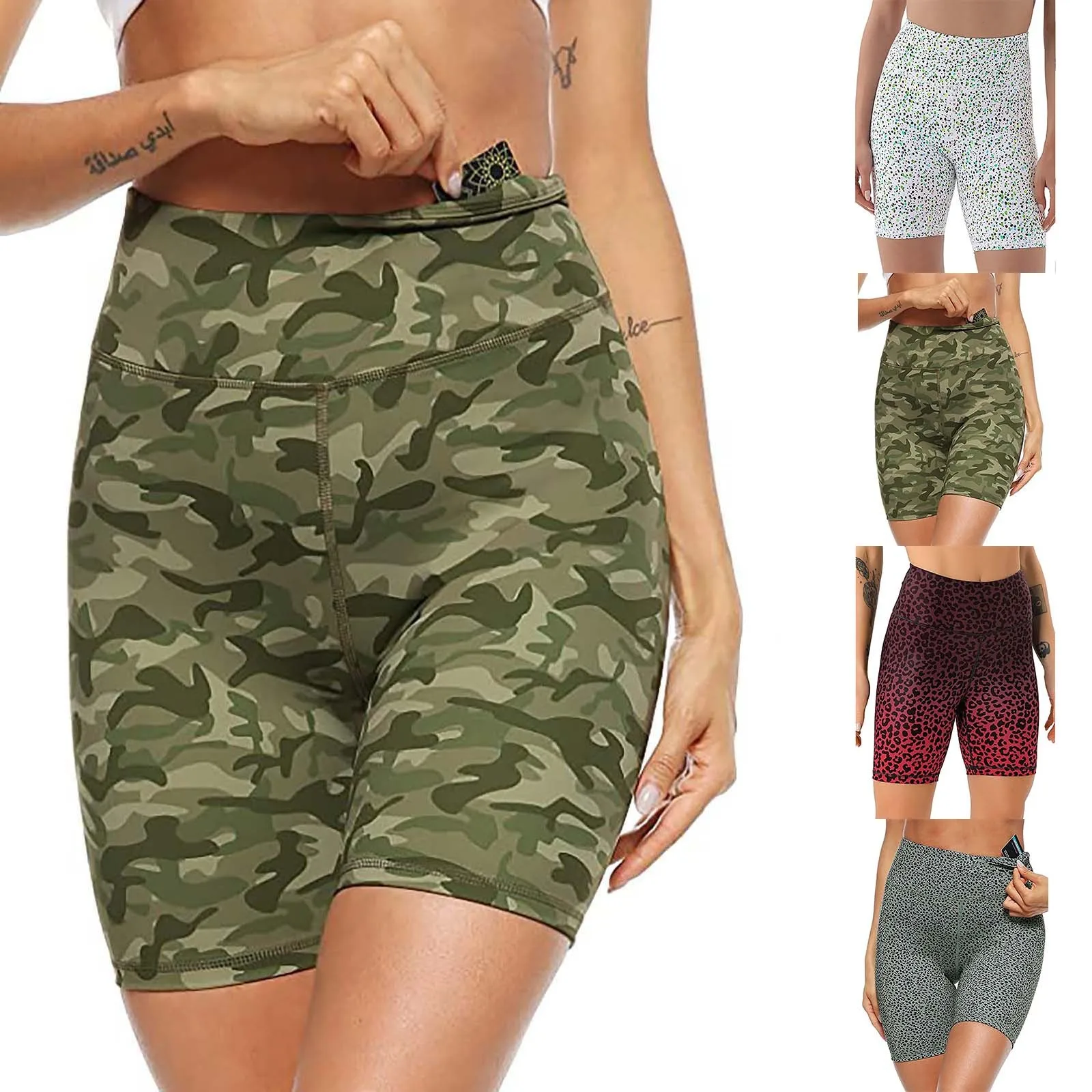 Women Camouflage High Waist Shorts Sexy Tight Biker Shorts Athletic Workout Yoga Shorts Solid Color High-Waisted Hip-Lifting T1