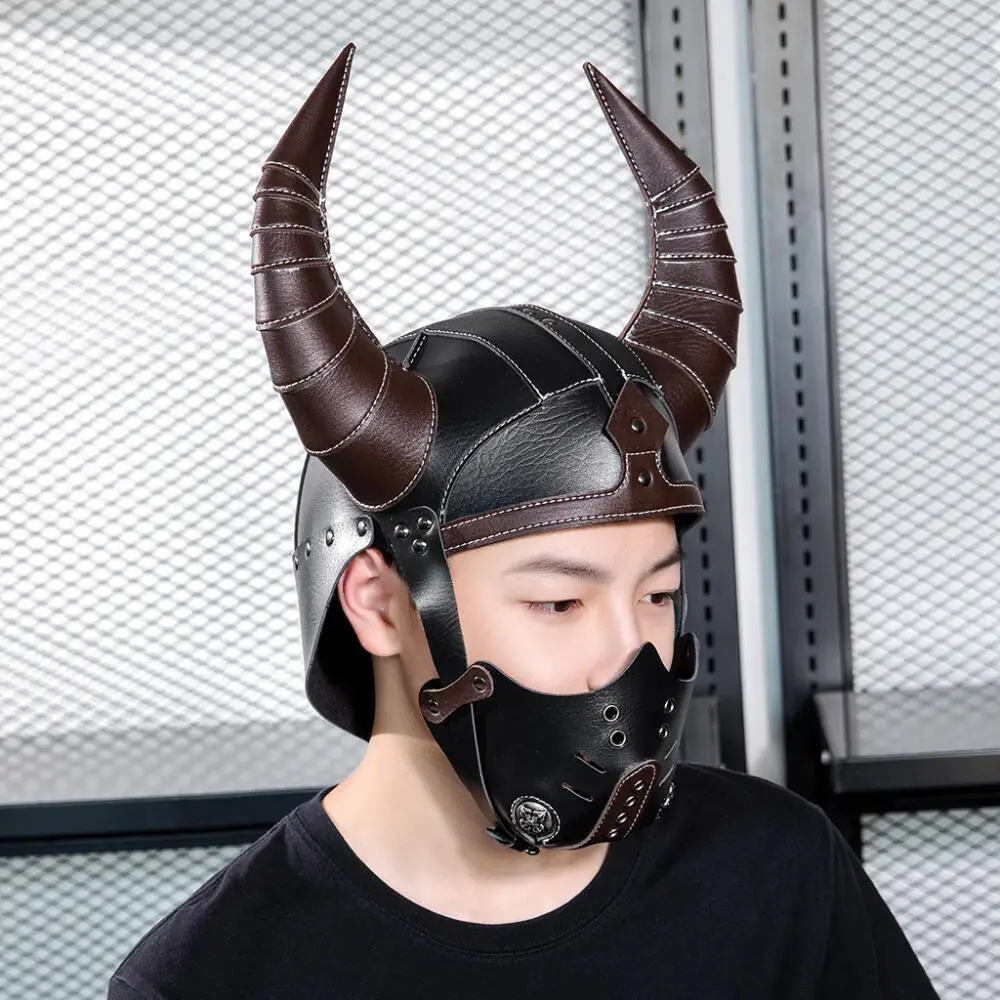 Plague Doctor Cos Mask Steampunk Style Halloween Party Costume Props Medieval Cosplay Viking Horned Hat Patchwork PU Leather