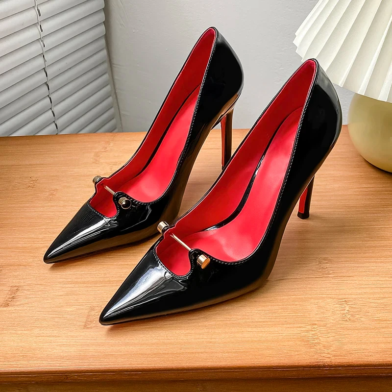 

New Four Seasons Women's High Heels Patent Leather Black Stiletto Pointed High Heels Professional Sexy Red Bottom Single Shoes