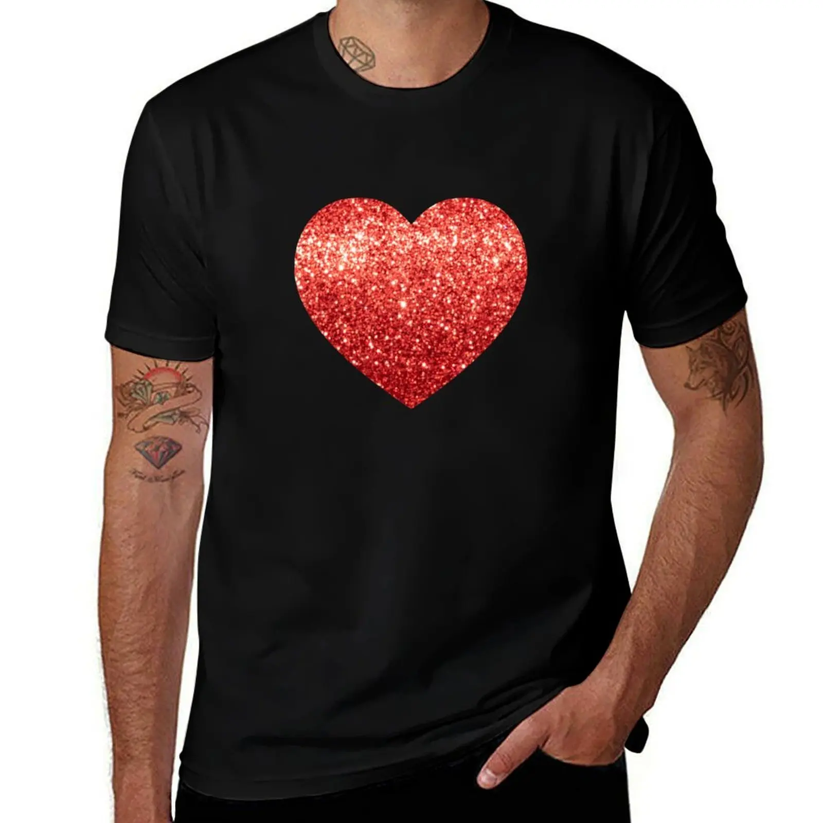 Beautiful Red Glitter Heart Glamour T-Shirt Work Wear Short Sleeve T-Shirt