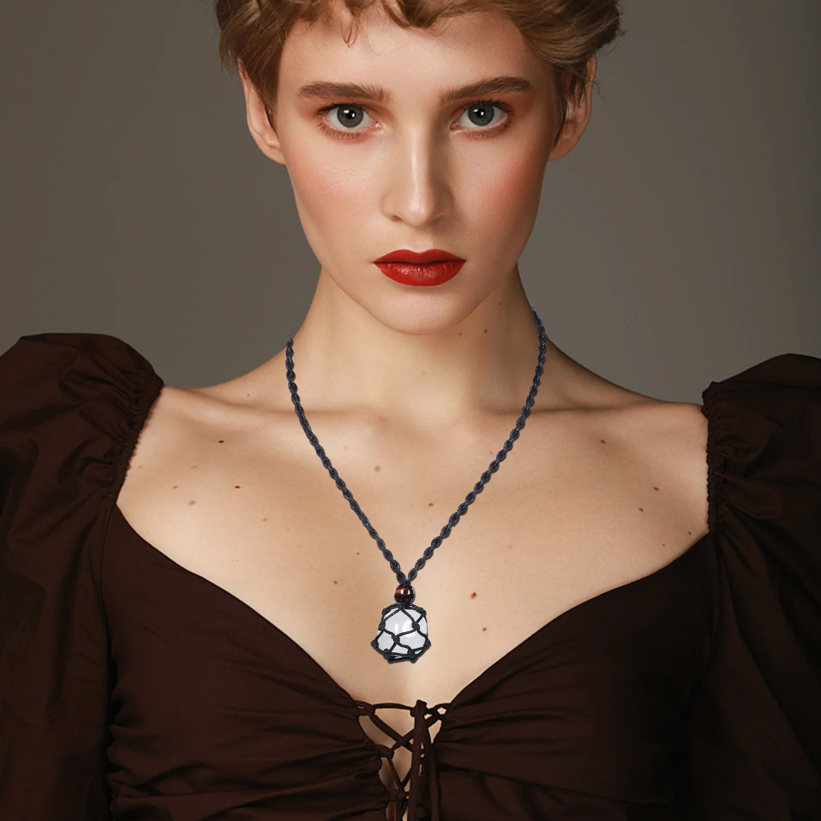 

Crystal Stone Pendant Necklace Woven Rope Adjustable Long Necklace for Women Men Simple Jewelry Necklaces for Women