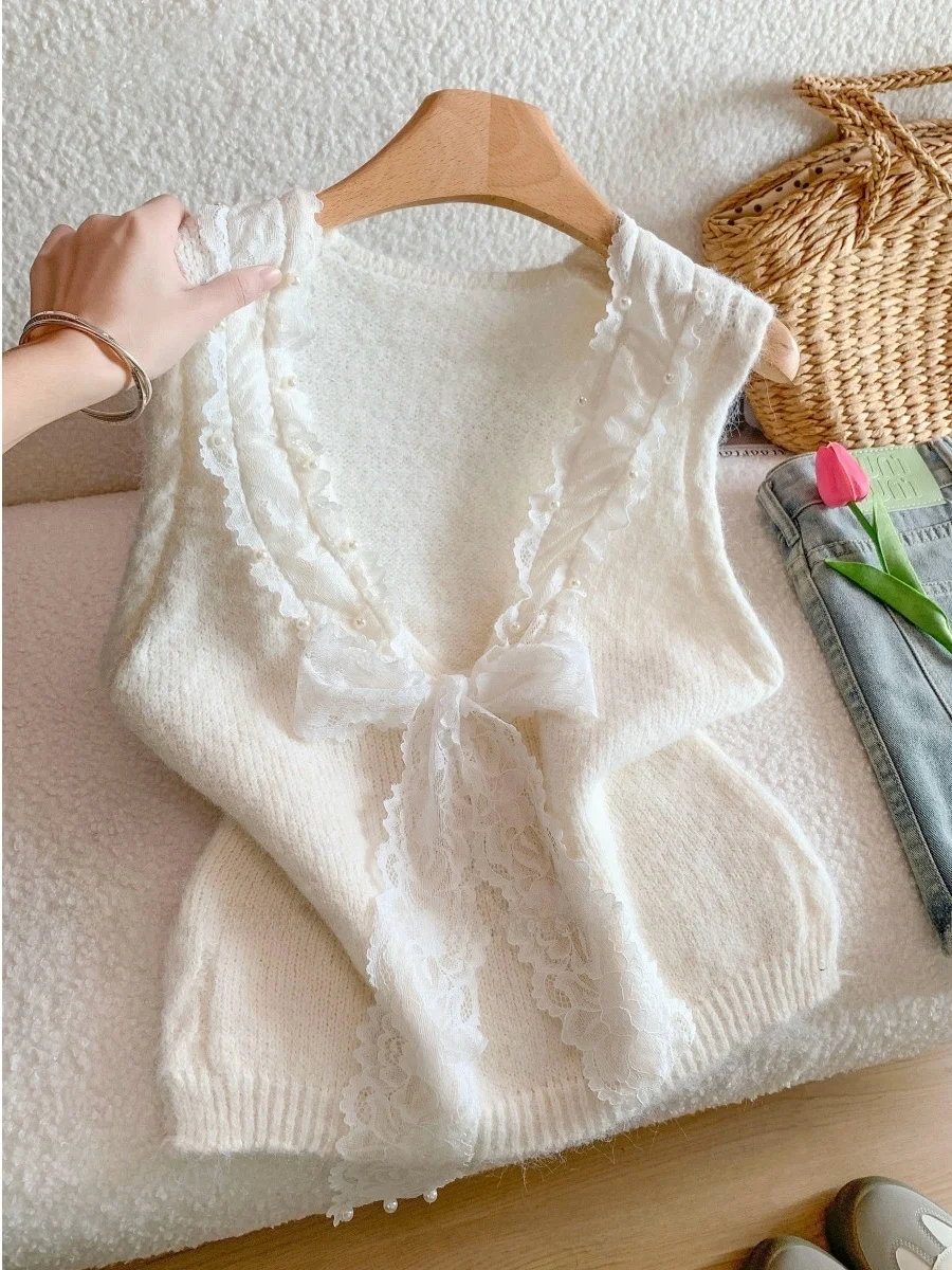 

Spring 2026 Sweet Style Heavy Embellished Knot Soft Knitted Vest Top Women's Fashion Thickened V-neck Sweater