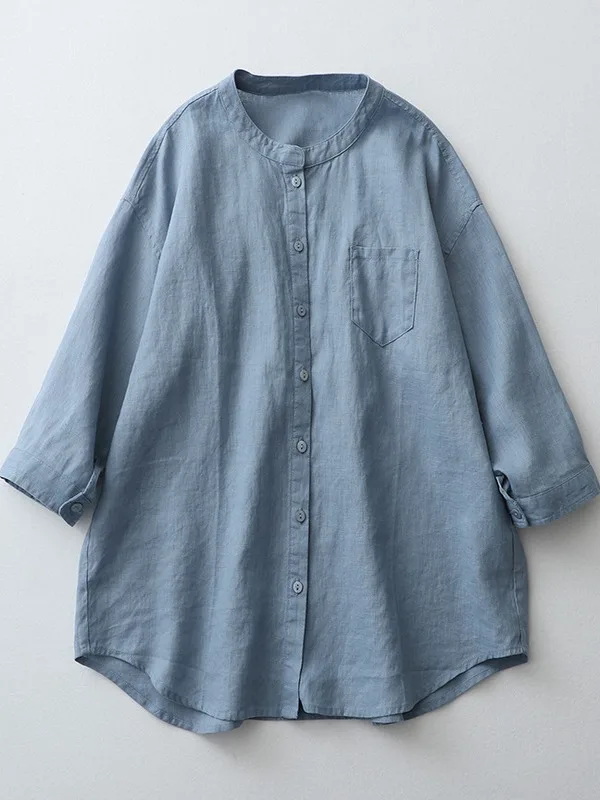 Csa de Lino y Aodón Hoada para Mujer, Protección Solar de Verano, Media Manga, Cuello Redondo, Color Puro, Estilo Casu...