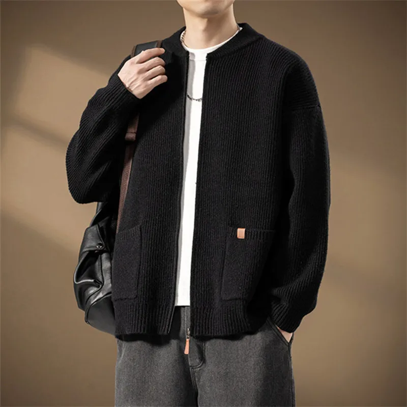 

Autumn Winter Knit Sweatercoat Men Stand Collar Loose Casual Knitted Cardigan Mens