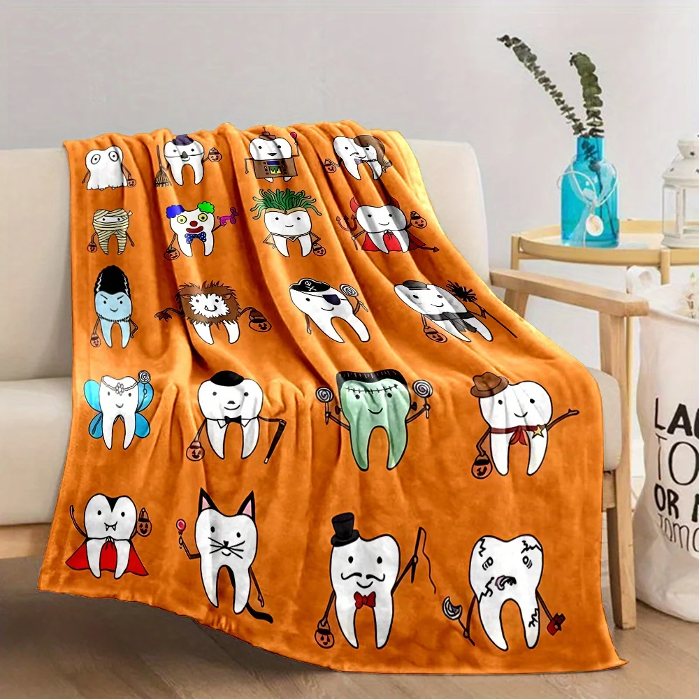 1pc, Cartoon Teeth Print, Reversible Flannel Fleece Blanket, Contemporary Style, All-Season, No Shedding, Durable, Sof