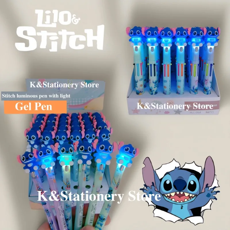 Multicolor Glowing Stitch Caneta Esferográfica com Luz, Canetas Gel, Desenhos Animados Bonitos, Estudante, Escola, Escritório, Escrita, Papelaria, 6 Cores