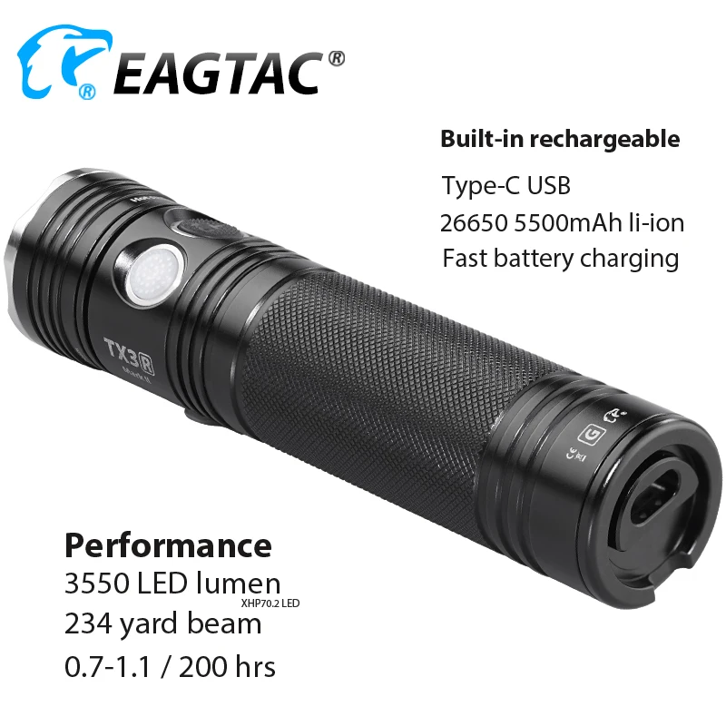 EAGTAC TX3G XHP70.2 XHP35 مصباح ليد جيب 3550 لومينز نوع C USB قابلة للشحن 26650 بطارية فائقة السطوع الشعلة مفتاح مزدوج الجانب
