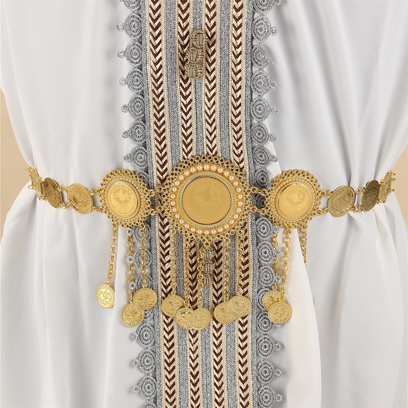 

Turkish-style Ladies' Alloy Chatelaines Pearl-encrusted Loins Ottoman Totem Ornaments Jewelry For Feddings And Festivals Belt