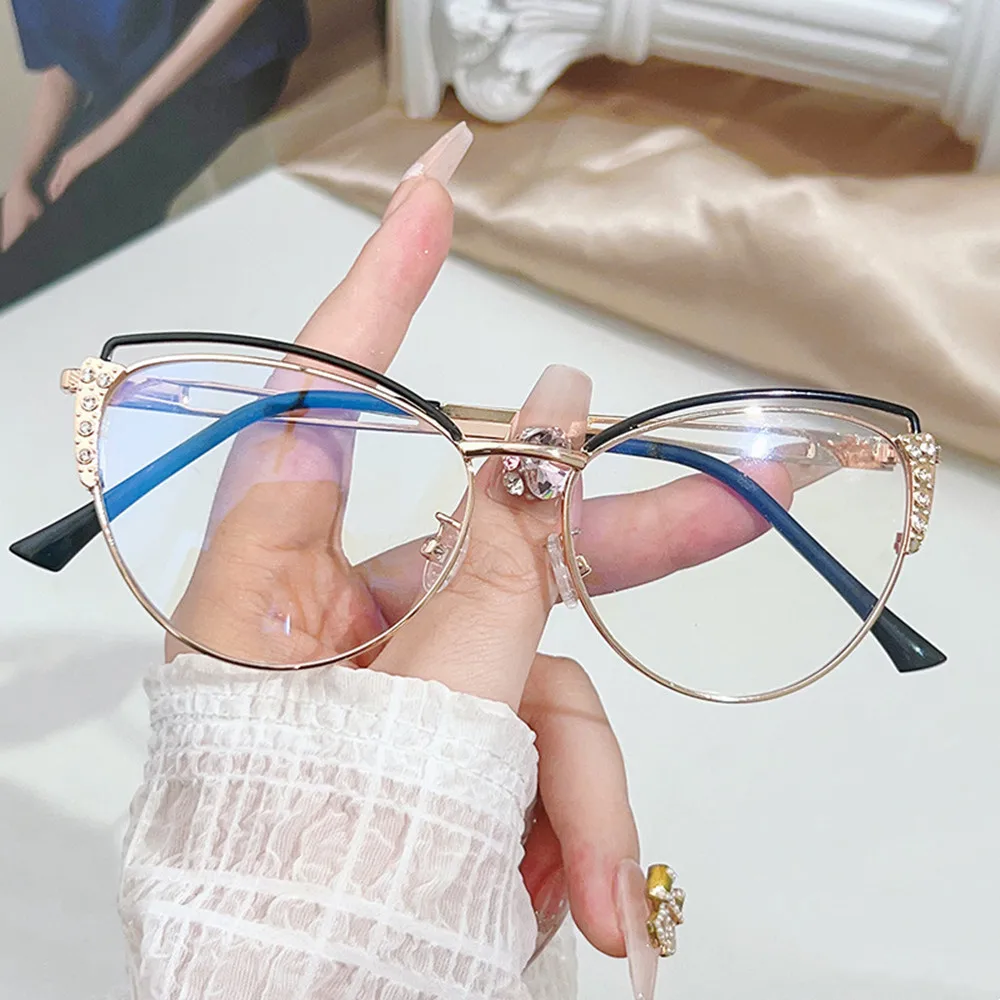 Lunettes anti-rayonnement bloquant la lumière bleue pour femmes, lunettes œil de chat, monture en métal pour femmes, lunettes d'ordinateur en biscuits avec diamant, nouveau