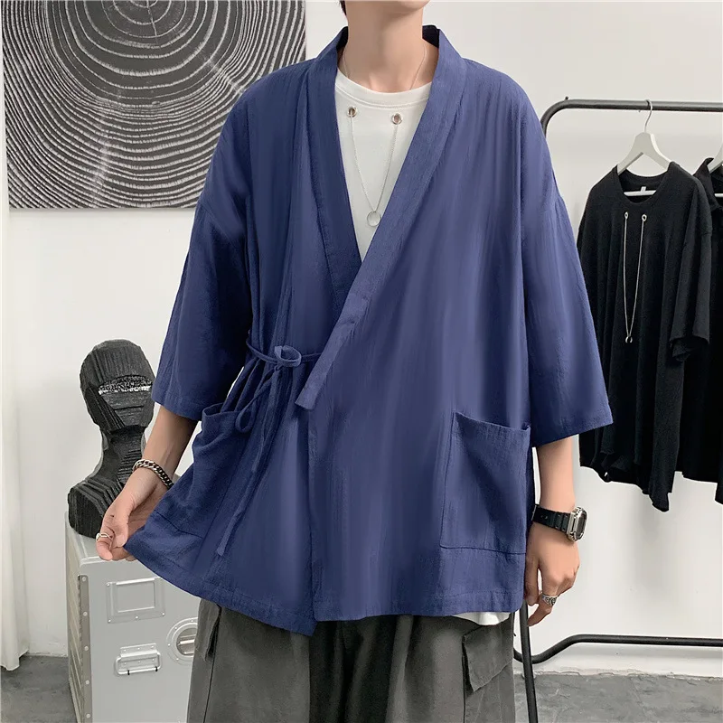 Plus Size Japanese Kimono Cardigan Retro Harajuku Style Street Clothing Summer Loose Cotton Linen Men Shirt Jacket Kimono Yukata