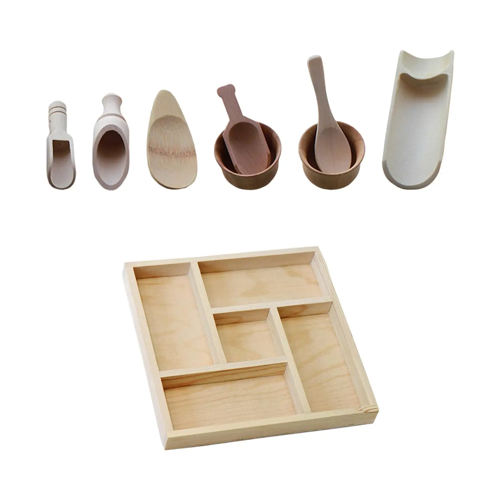 Montessori Sensory Bin Tools Toys, Mini Wooden Spoon and Cups, Pretend Play Dish Toys, Sensory Bin Tools for Children