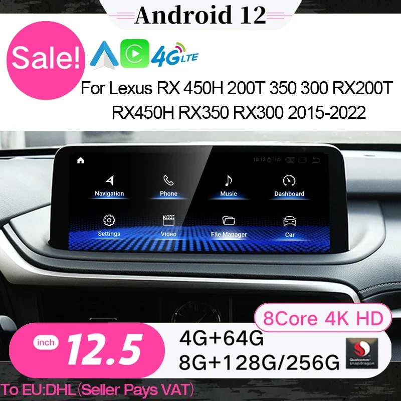 

New 12.5 Inch Car Radio Qualcomm Android 12 GPS Navi For Lexus RX RX300 RX350 RX450H 2015-2022 with Carplay Google Multimedia