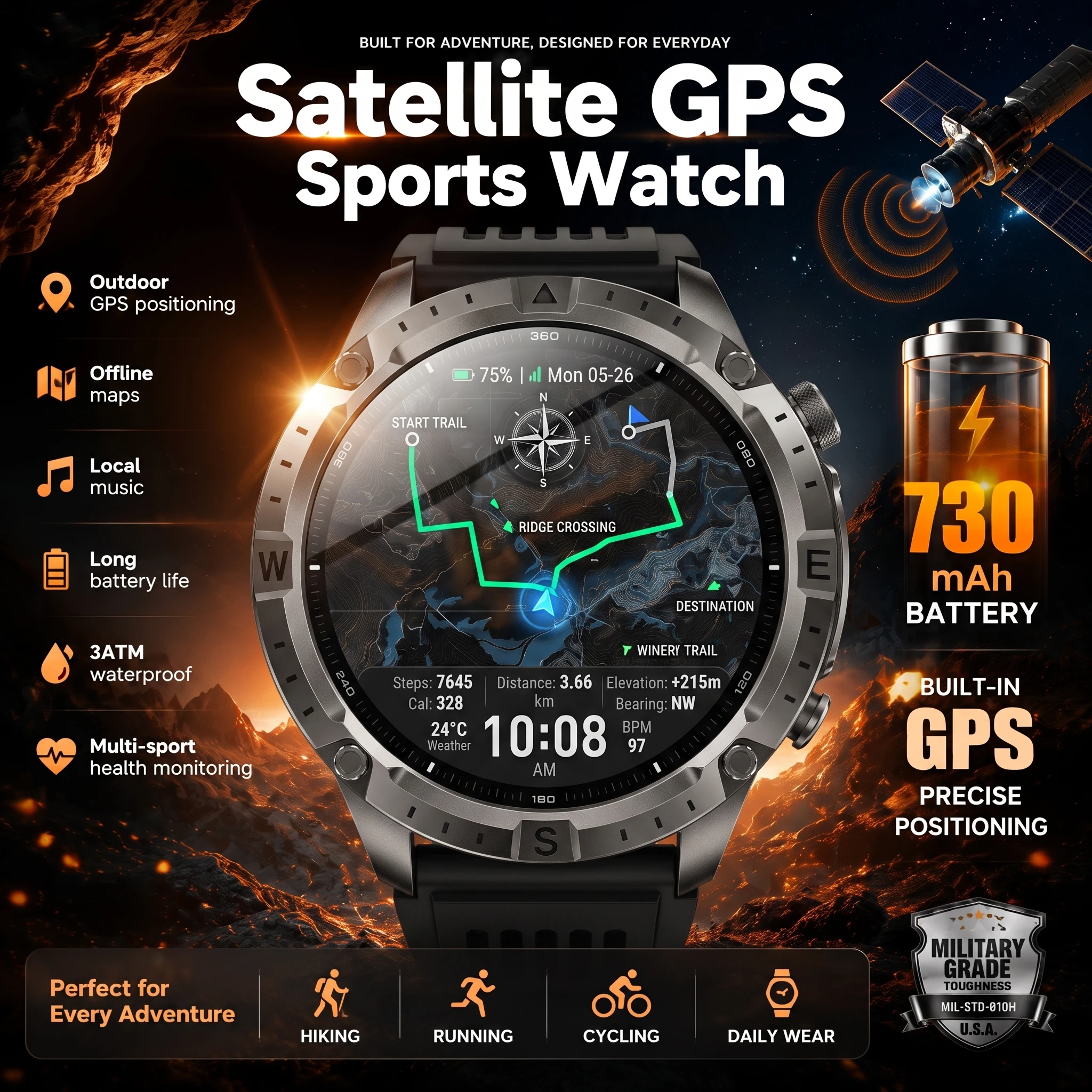 GUHUAVMI 2026 Nouvelle montre connectée GPS d'extérieur pour hommes, écran tactile AMOLED HD de 1,43 pouce, cartes hors ligne, musique locale, résistance à l'eau 3ATM, batterie longue durée 730 mAh, boussole, baromètre, altimètre, fréquence cardiaque SpO2, plus de 170 modes sportifs, lampe de poche, bracelets interchangeables, BLE 5.3