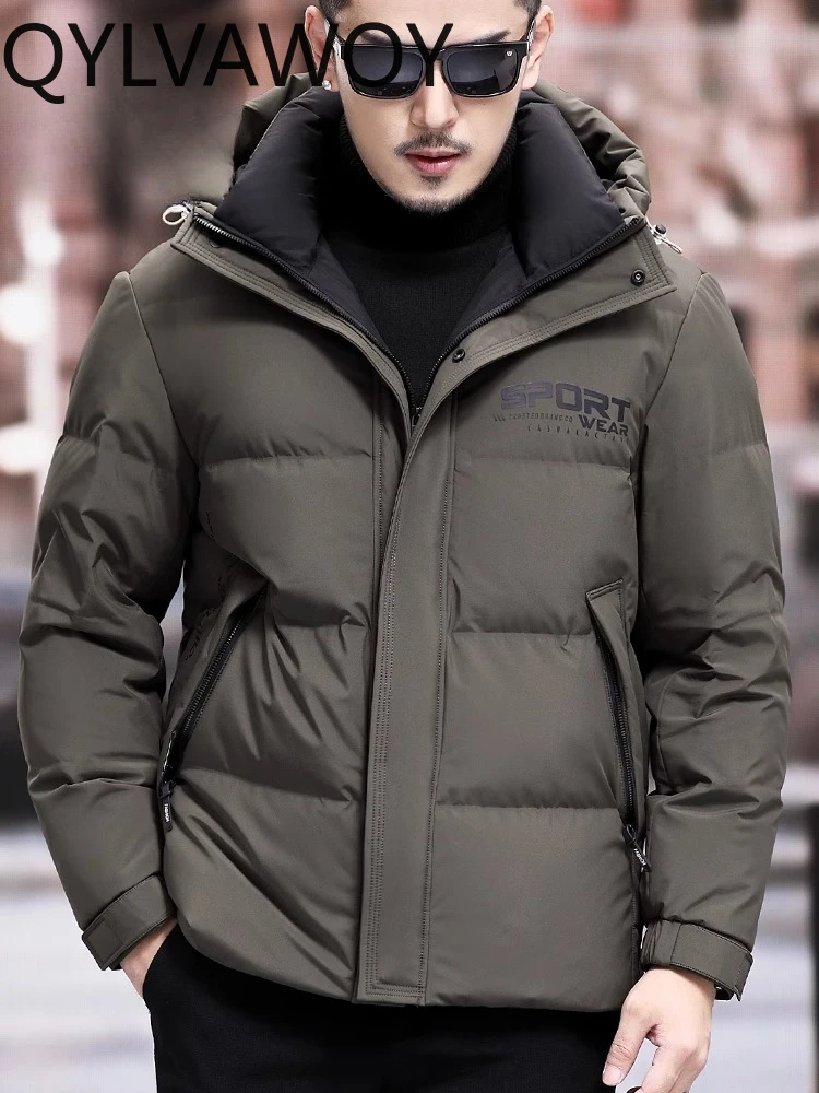 QYLVAWOY 100%Polyester 2025 Winter New Hooded Best-Selling Down Jacket Mens Casual Short-Sleeve Authentic Brand Outerwear LJ2208