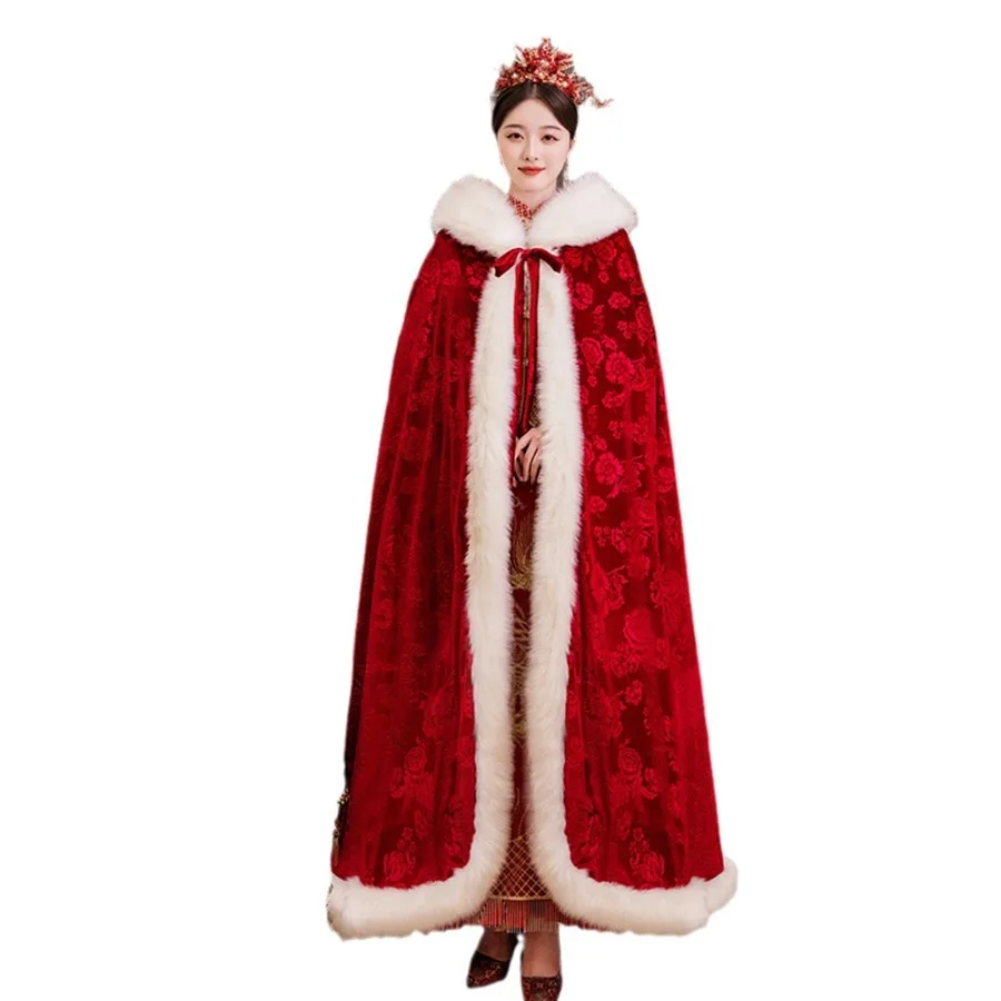 

Mingli Tengda Light Luxury Xiuhe Clothes Cloak Chinese Bride Wedding Hat Fur Collar Hanfu Cloak Red Long Warm Wool Shawl