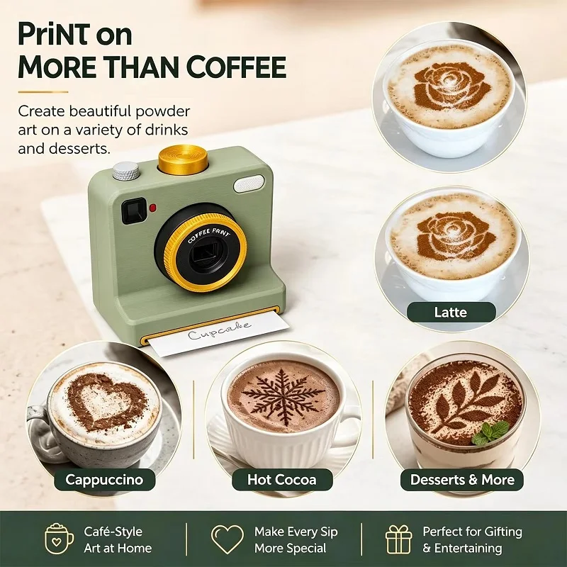 3D Printed Funny Coffee Latte Camera Replaceable Cards One Touch Press DIY Latte Art Camera *Tool Vintage Look Included Stencils