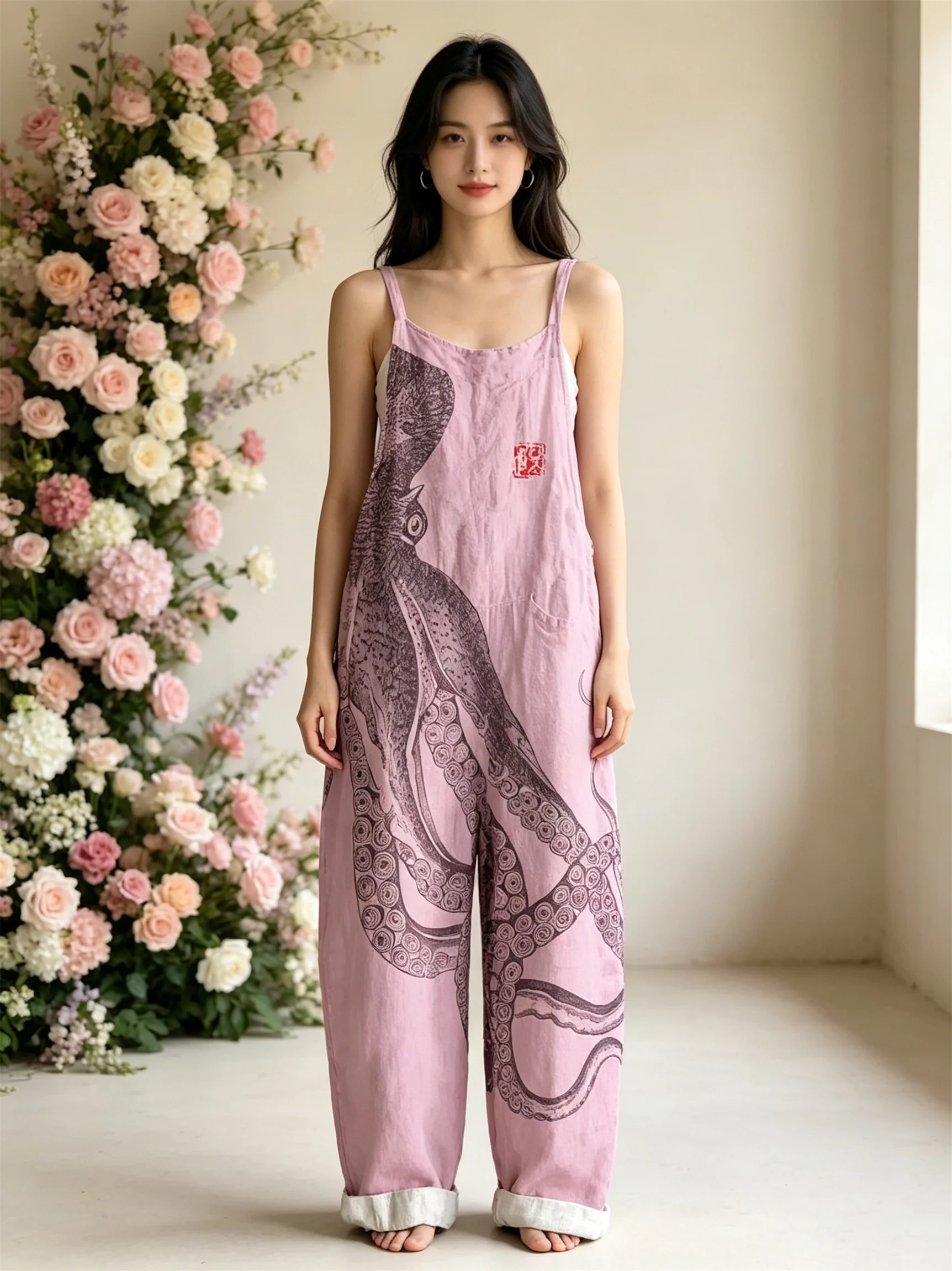 2026 women's marine animal printed work pants jumpsuit, off shoulder sleeveless loose cuff lantern pants casual wear