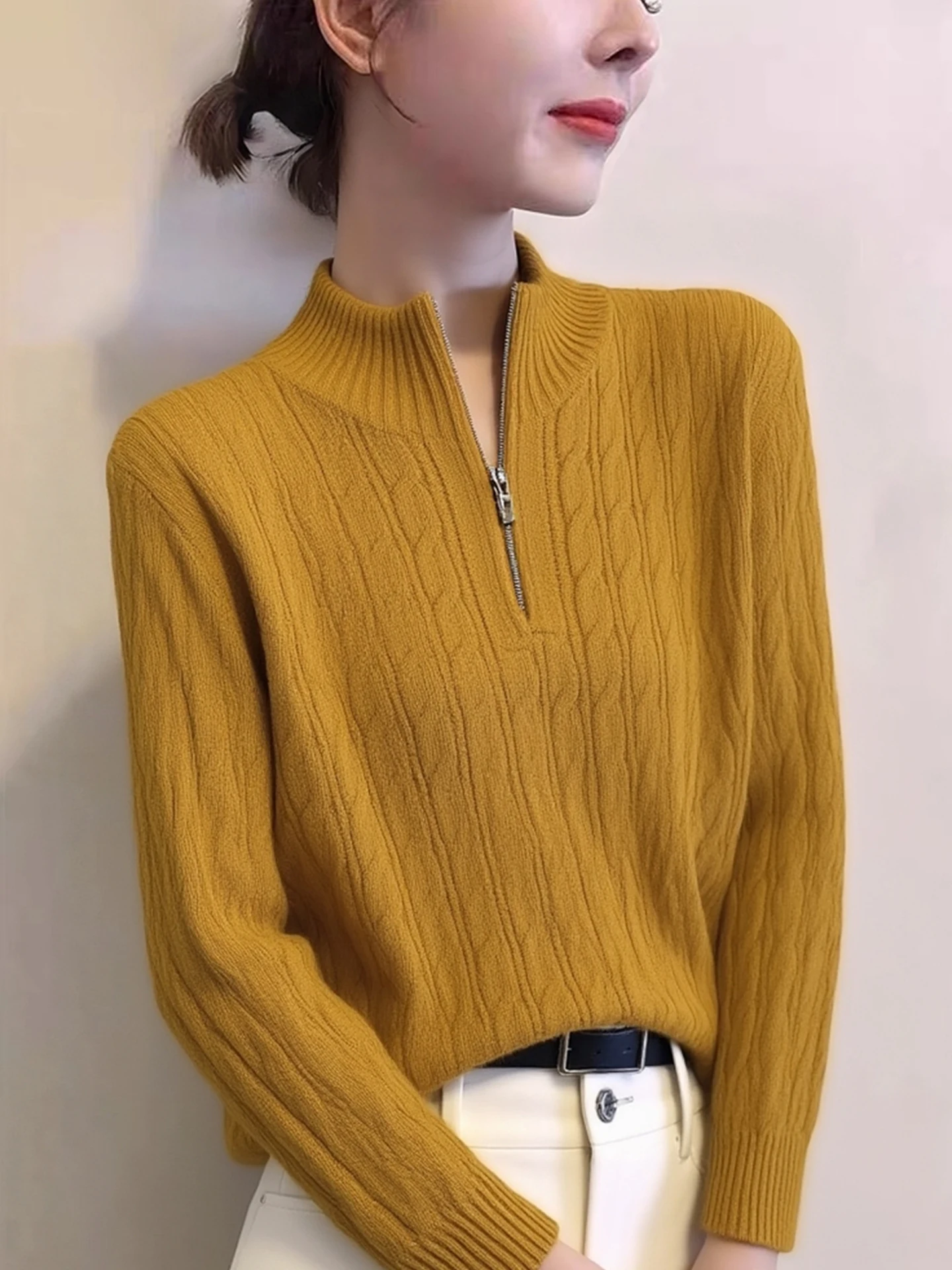 เสื้อไหมพรมถักแบบมีซิป แขนยาว สีสันหลากหลาย สไตล์เกาหลี ทรงตรง เหมาะสำหรับใส่ไปทำงาน