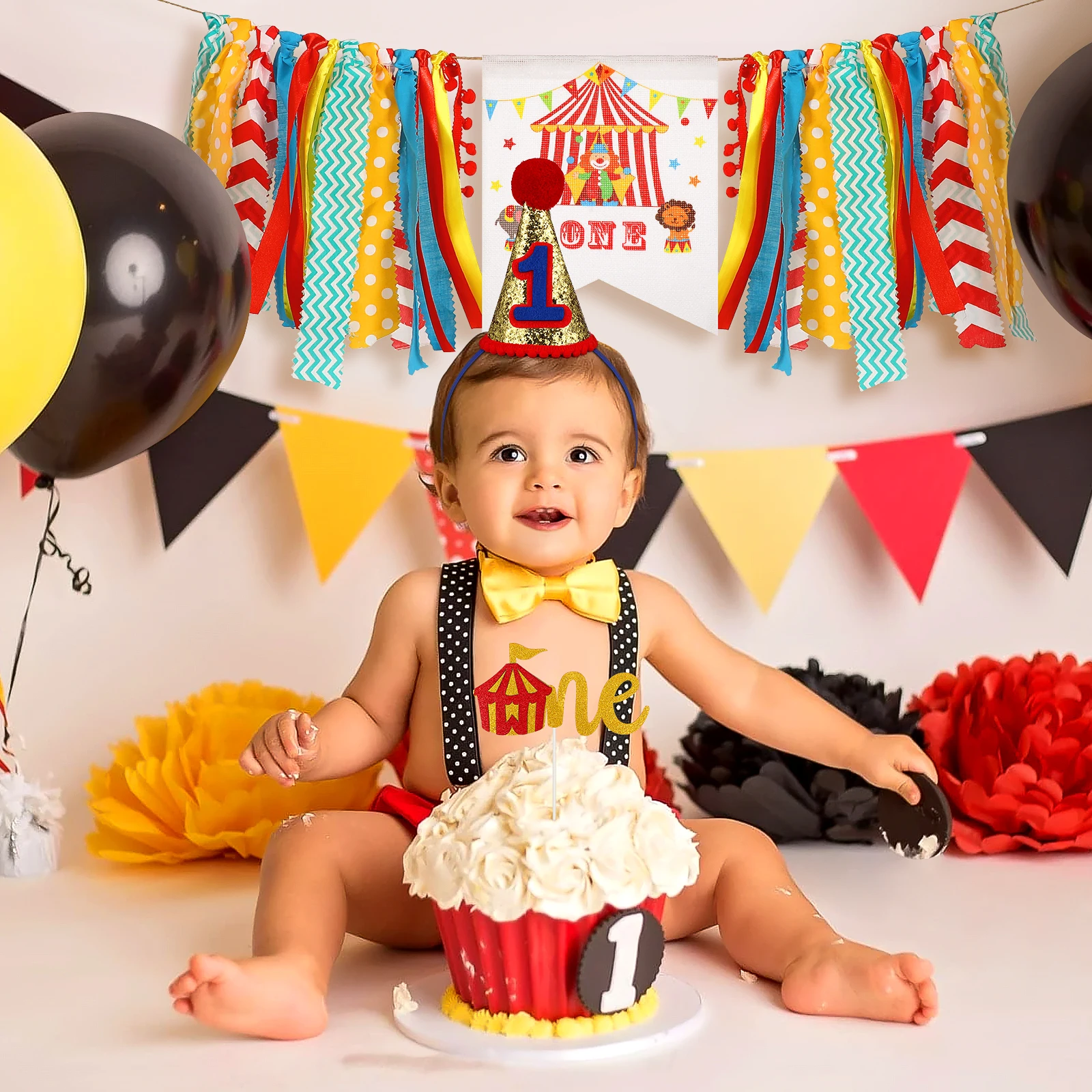 3-teiliges Partyzubehör für den ersten Geburtstag, Zirkus-Karnevalsthema, buntes Banner, Kuchenflagge, Hut, einjährige Geburtstagsdekorationen – Detail 2