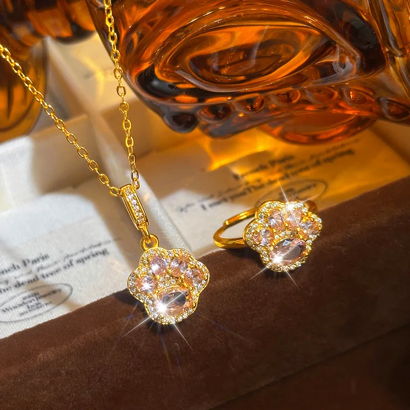Light luxury gentle thousand gold wind sand gold set with diamond burst flash powder diamond cat claw necklace ring color