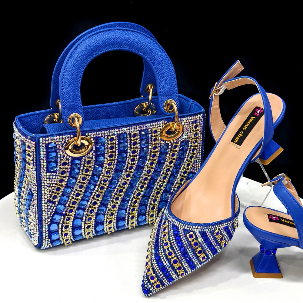 

2025 Latest Luxury Italian Design African Women's High Heels Pointed Toe Sandals Party Wedding Party Blue Shoes and Bags Set