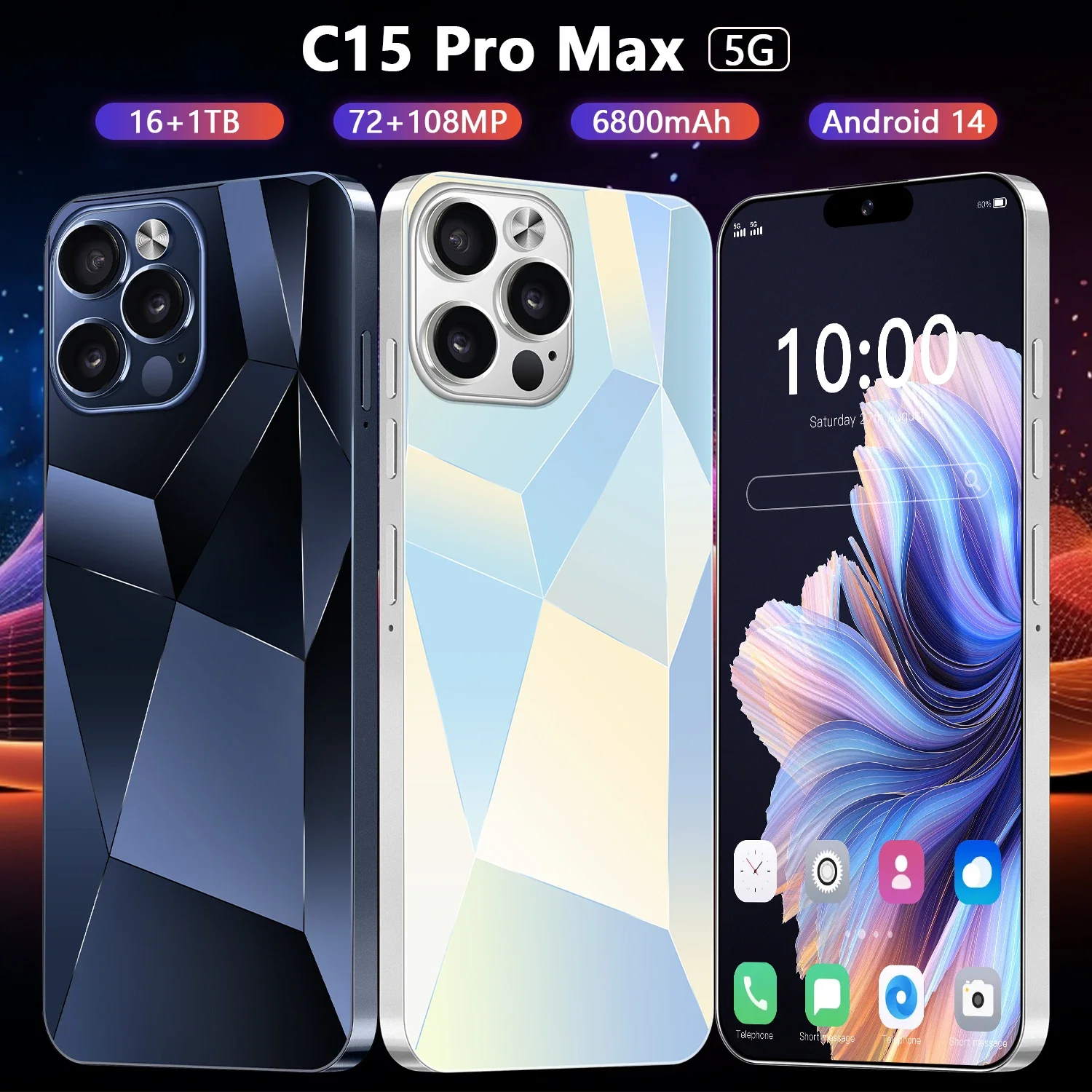 Glabol Version C15 Pro Max Smartphone 5G Original Mobile Phones 6.8HD Screen Dual Sim Card Cellphones 6800mAh Android Cell Phone