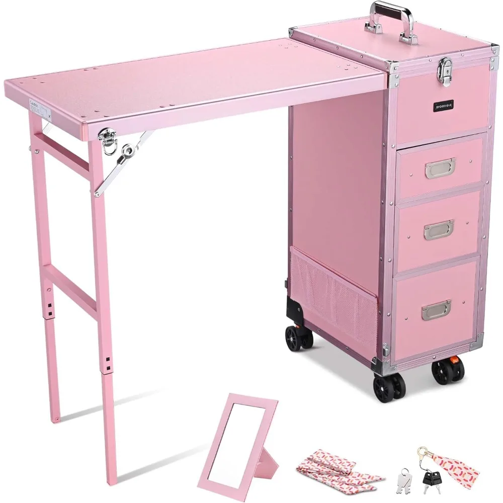

Pink Traveling Nail Tech Case with Table Beauty Salon Manicure Desk on Wheels Two-Way Removable Tabletop