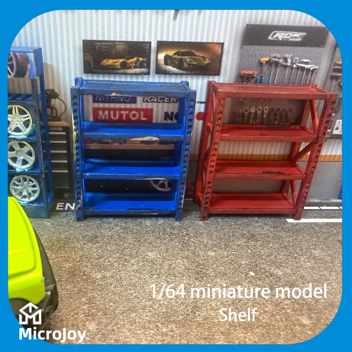 Detailed Scene: 1:64 Scale Miniature Model Repair Workshop Shelves, Mini Container Decorations, Car Model Scene with Vintage Layout