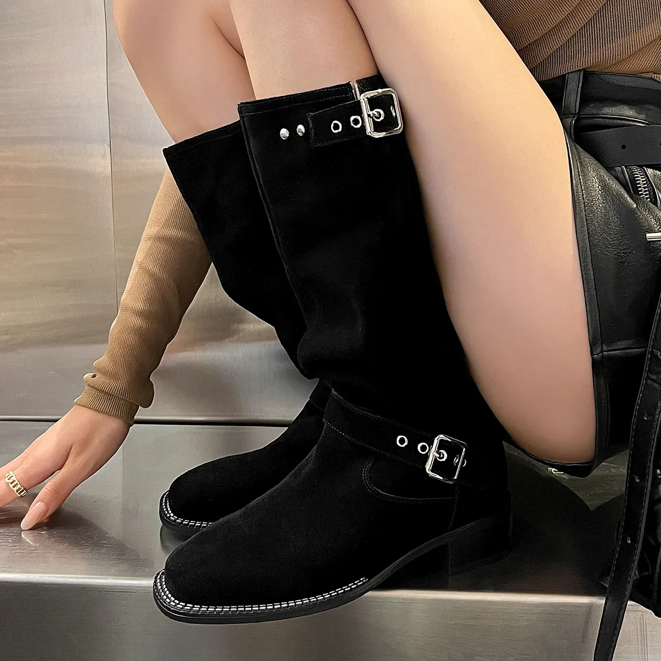 British Style Square-Toed Thick-Heeled High Boots Belt Buckle Sleeve Rivet Knight Botines Suede Military Long Botas Femininas