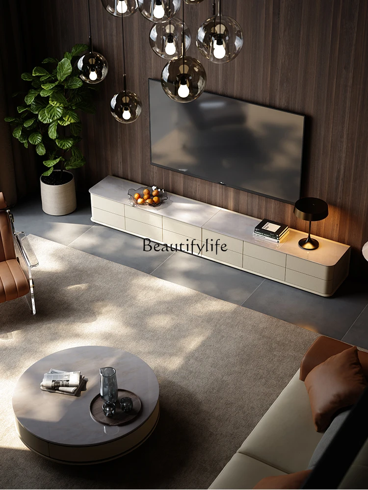 03.Light luxury TV cabinet Large flat floor living room against the wall Storage Designer lattice TV cabinet