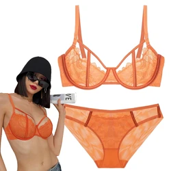 New Orange Sexy Bra Sets Ultra Thin Embroidery Lace Bra And Panties Women Underwear Transparent Plus Size Push Up Lingerie B C D