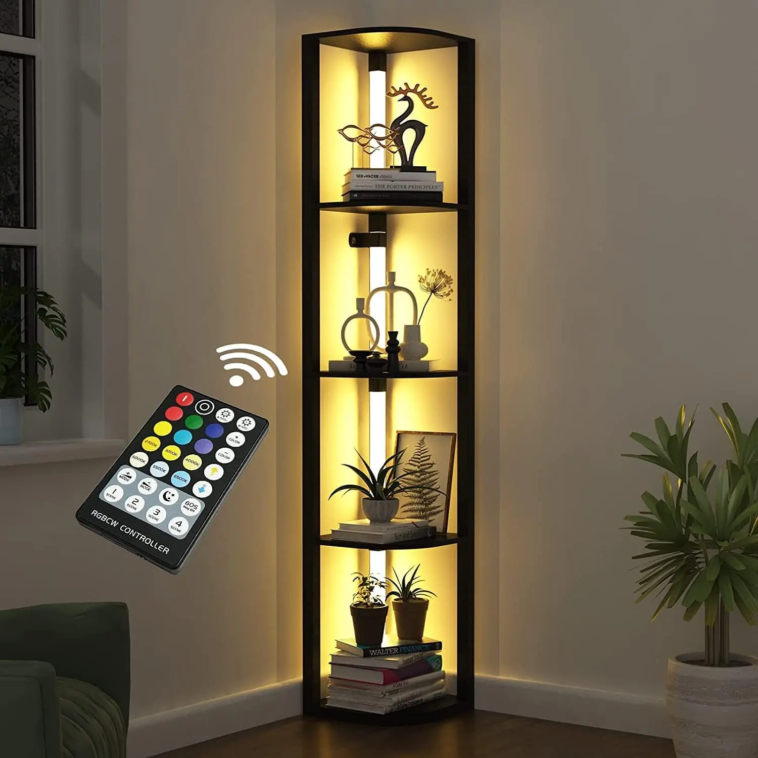 

5-Tier Corner Shelf with LED Lights, Adjustable Color Temperature, Remote Control, Storage Display for Living Room Bedroom
