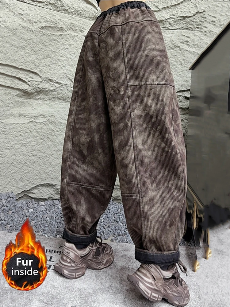 Amax luluE Winter Fashion Fur Jeans Women Loose Vintage Camouflage Denim Pants Ladies Casual Classic Thicken Warm Harem Trousers
