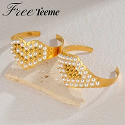 Freeteeme New Fashion Wrapped Imitation Pearl Beads Gold Color Bracelet for Women Stainless Steel Heart Shaped Open Bangle Gift