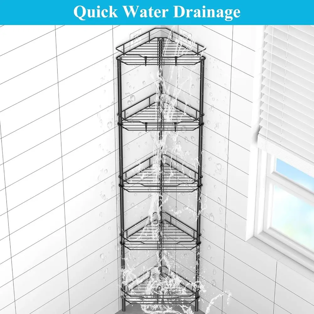 Corner 5-Tier Shower Caddy Organizer with Hooks, Black Bathroom Shelf Stand Rack