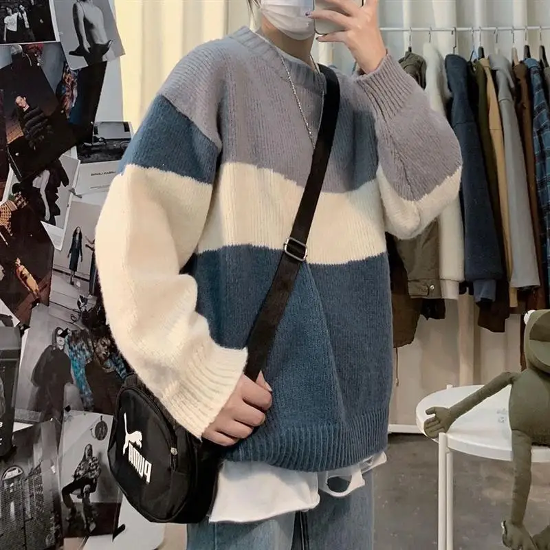 

Men's Winter Ins Loose Knitted Sweater Warm Base Layer Faionable Korean Sle All-Match Youth Outerwear Long Sve round Ne