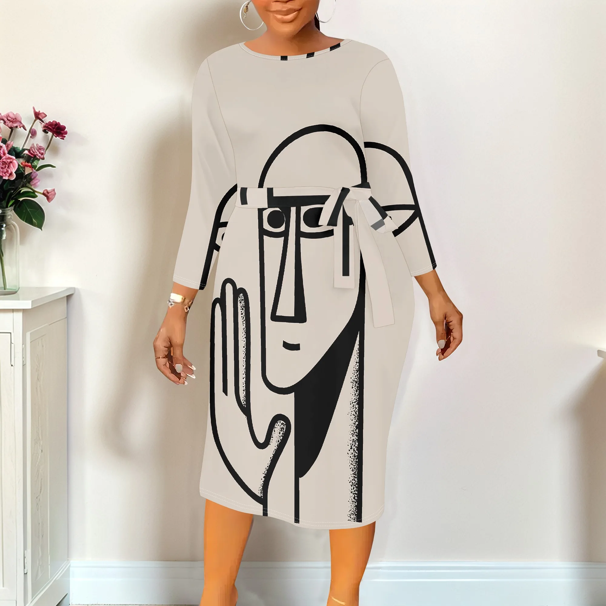 

Plus Size Abstract Face Print Midi Dress for Women Elegant Round Neck Bodycon Dress with Belt & 3/4 Sleeve XL-6XL
