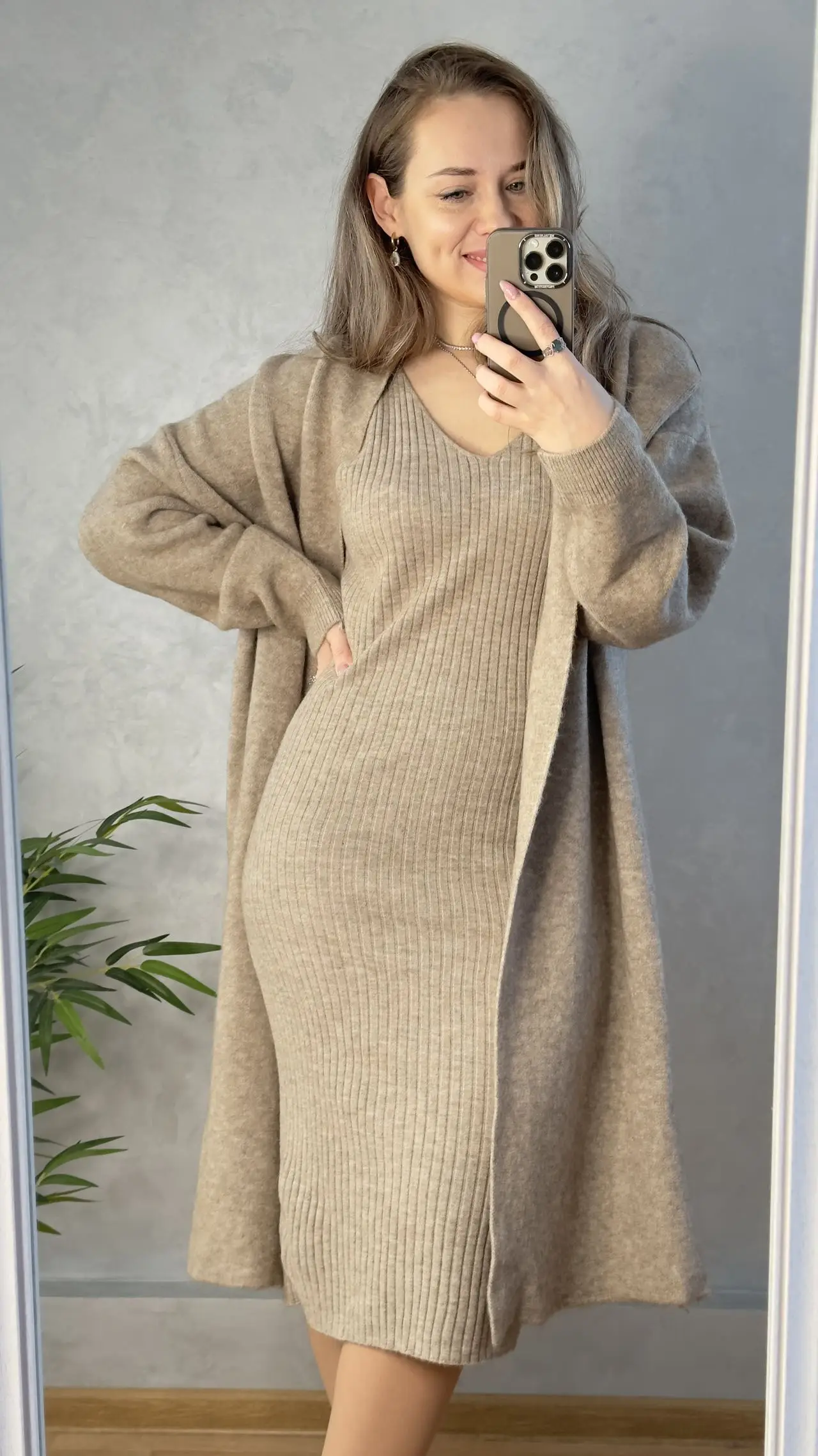 Hirsionsan Soft Elegant Women Suits 2 Pieces Female Sets V Neck Tanks Midi Dresses & OL Style Knitted Long Cardigan TrackSuit