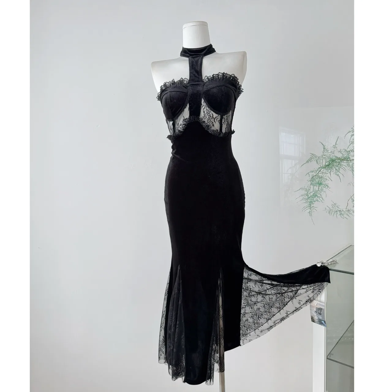 

Gofture Sexy Velvet Ne Hanging Dr Women's Early Autumn New Lace Splicing Bla Dr Long Skirt Polyester Fiber Daily Wear