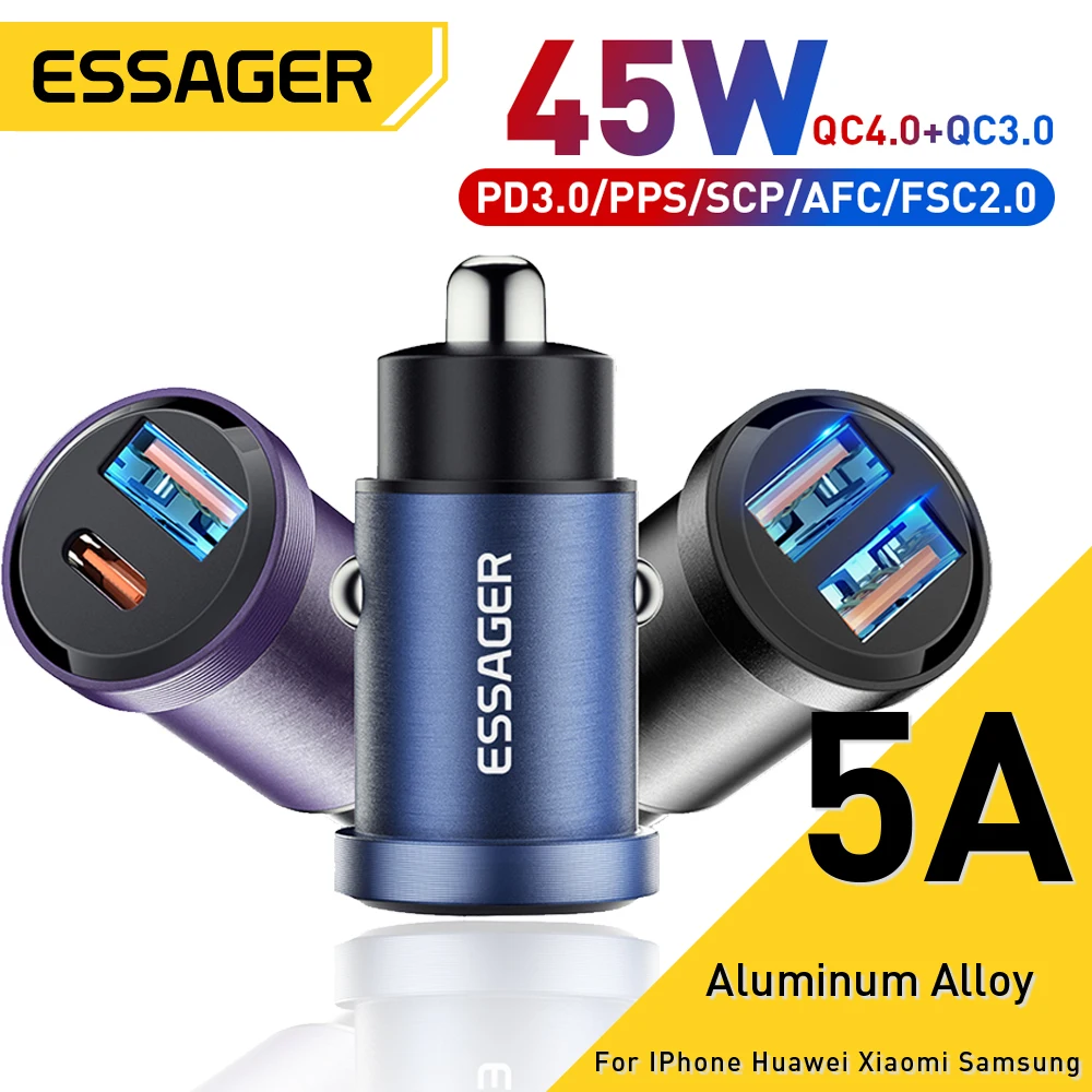 

Автомобильное зарядное устройство Essager, USB C, 45 Вт, 5 А, быстрая зарядка 4,0 QC PD 3,0 SCP USB Type C, быстрая зарядка для iPhone14 13 Huawei Samsung Xiaomi