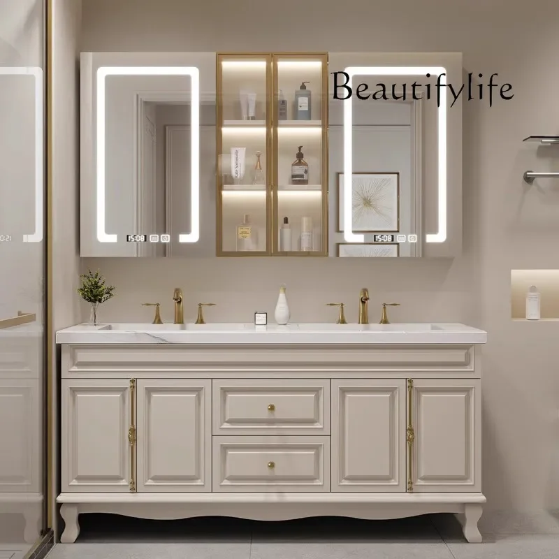 ตู้ห้องน้ำอเมริกัน BJ รุ่น Oak แบบสองอ่างล้างหน้า สีครีม พร้อมอ่างล้างมือแบบวางพื้น