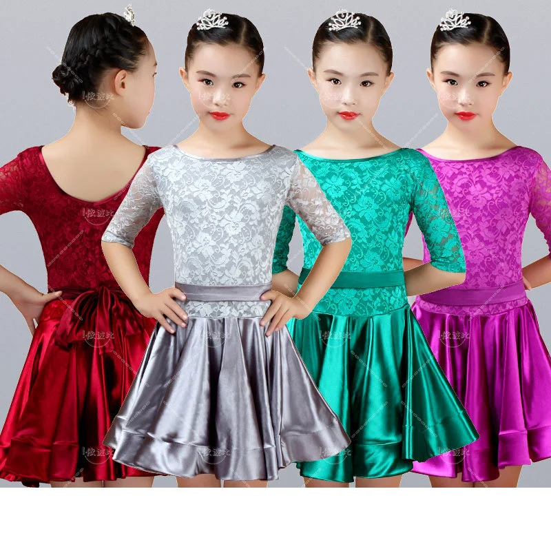 Kid Girls Latin Dance Dress Costumes Child Mid Sleeve Ballroom Dance Costume Lace Latin Dance Dress For Girls