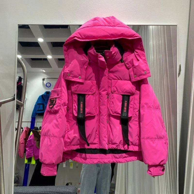 

Новинка 2025, женский пуховик контрастного цвета, утолщенная теплая куртка с капюшоном, модный модный топ, спортивный повседневный