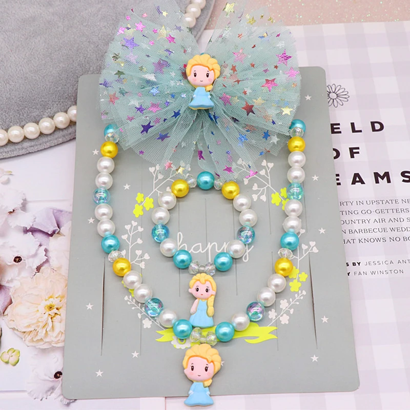 Disney Princess Bracelets Necklace Hair Clip Anime Figures Snow White Frozen Elsa Children Jewelry Headwear Girls Gift 3pcs/set