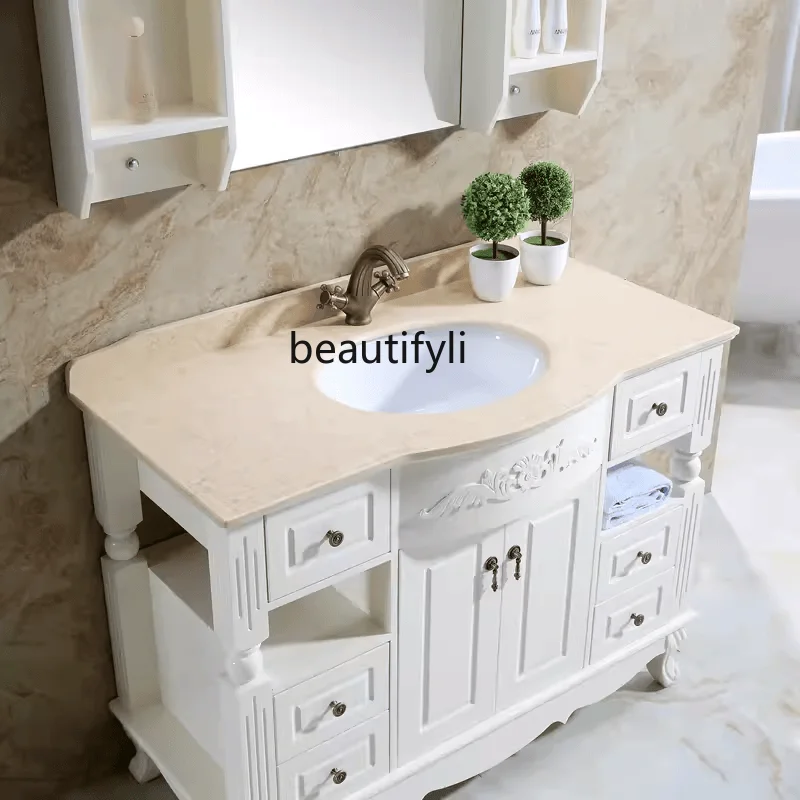 

European-Style Oak Bathroom Cabinet Solid Wood Paint Wash Wash Bathroom Cabinet Washstand Bathroom Cabinet Smart Mirror